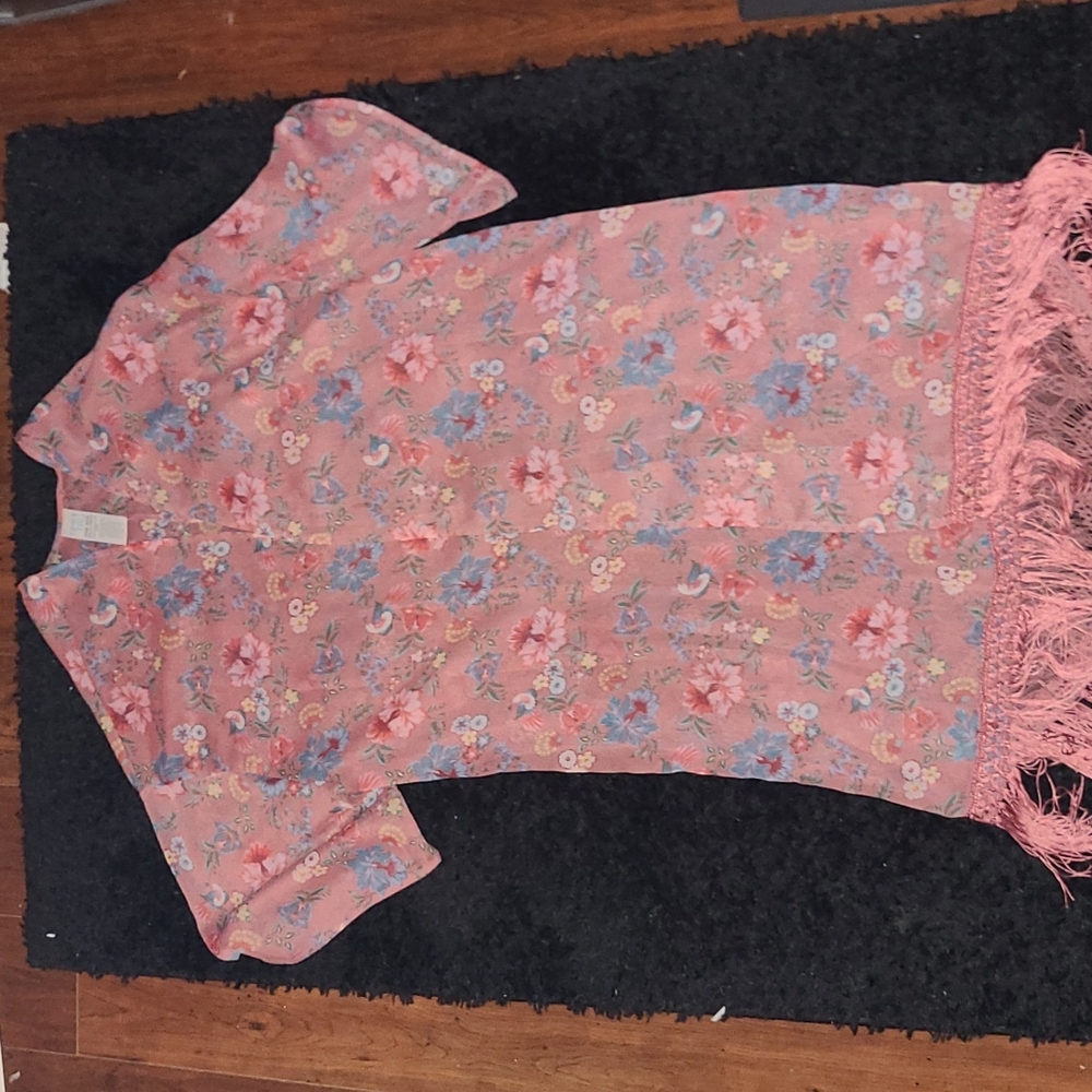 Time and True one size ink floral long kimono with fringes